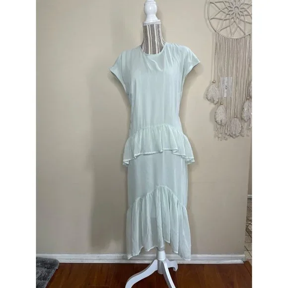 Vero Moda Pastel Midi Dress Ruffle Tiered Mint Green Lined Dress Size L - Picture 12 of 14